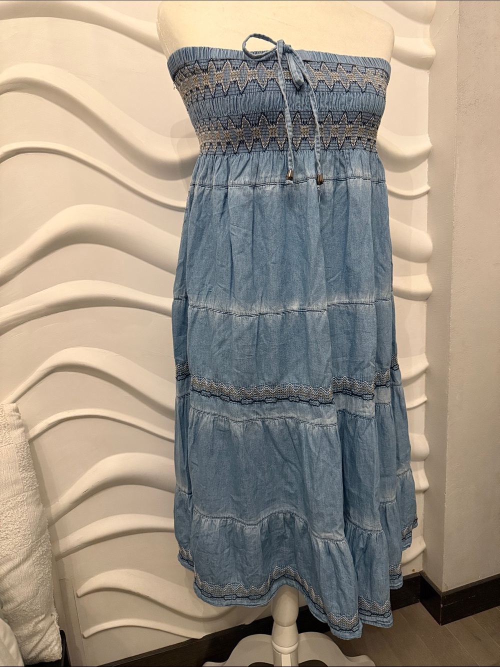 Indigo Light Blue Strapless Smocked Midi Dress